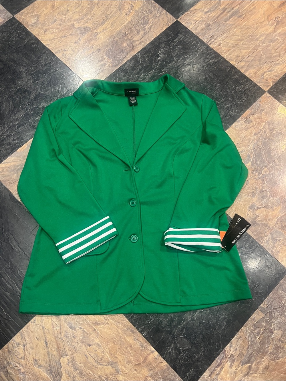 T.Milano Green Three-Button Blazer with Striped Cuffs Size 18W